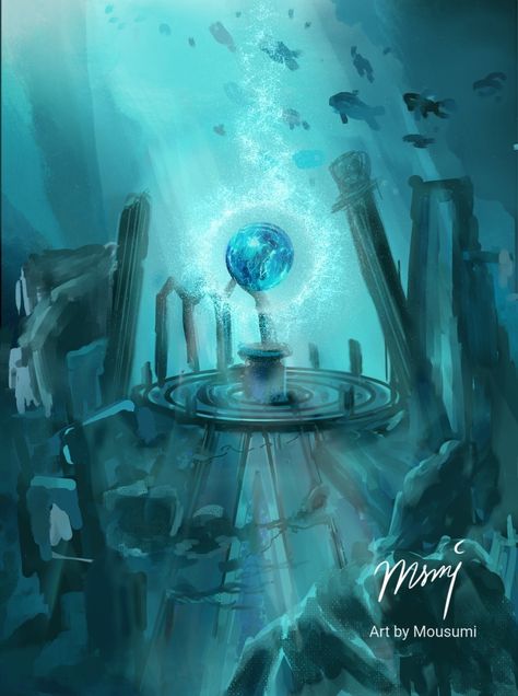 Underwater ruin with a magical orb Underwater Ruins Fantasy Art, Location Artwork, Underwater Temple, Sea Digital Art, Underwater Boat, Aesthetic Cream, Challenger Deep, Underwater Ruins, Fantasy Locations