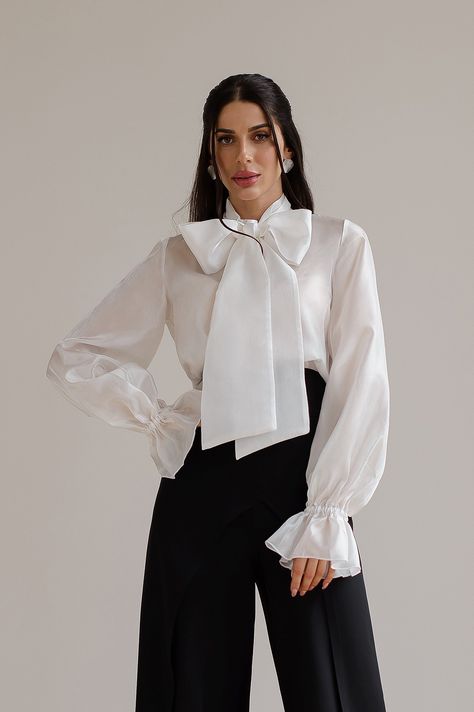 Fabric: Sheer See-through Puffed sleeve Ribbon -detail Long sleeves White Bow Shirt Outfit, Bow Shirt Outfit, High Waist Palazzo Pants, Vampire Fashion, Black Palazzo Pants, Palazzo Style, Zipper Lock, Bow Tie Blouse, Club Fits