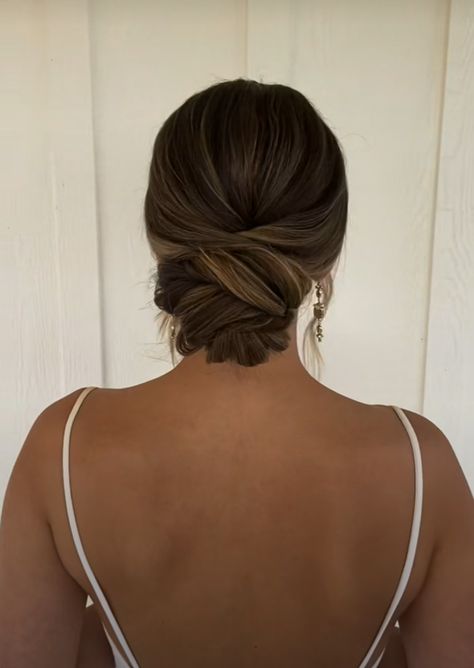 Low Bun Graduation Hair, Ball Hair Ideas, Prom Updo Brunette, Up So Bridesmaid Hair, Bridesmaid Hair For Backless Dress, Hair Up For Prom, Hair Inspo Messy Bun, Classy Prom Hair Updo, Casual Wedding Hair Updo