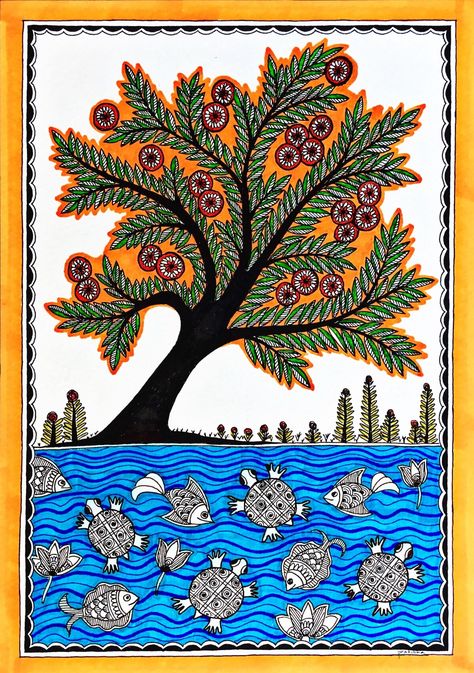 Kalpavriksha Tree Madhubani, Madhubani Tree Painting, Gond Painting Folk Art Tree Of Life, Madhubani Tree, Madhubani Paintings Peacock, Tree Of Life Artwork, Indian Traditional Paintings, Tree Of Life Painting, Gond Painting