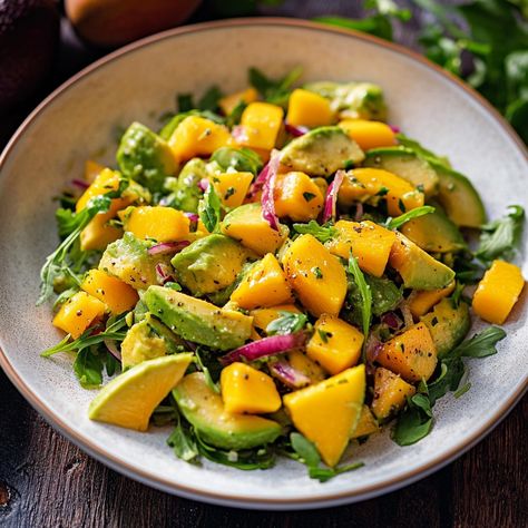 Fresh and vibrant avocado mango salad | Avocado Mango Salad Recipes, Avocado Mango Salad, Coconut Bites, Chicken Zucchini, Mediterranean Chicken, Summer Meals, Refreshing Food, Mango Salad, Lime Dressing