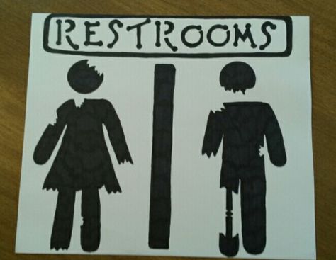 Zombie restroom sign Halloween Restroom Sign, Zombie Halloween Party Decorations, Halloween Restroom Decor, Halloween Zombie Decorations, Diy Zombie Decorations, Zombie Party Decorations, Halloween Cubicle, Zombie Halloween Decorations, Zombie Halloween Party