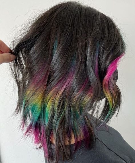 Vivid Peekaboo Highlights, Boo Hairstyle, Rainbow Peekaboo Hair, Rainbow Underneath Hair, Pink Peekaboo Hair, Blonde Peekaboo Highlights, Underneath Hair Color Ideas, Blonde Underneath, Natural Dark Hair