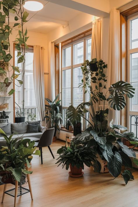 Explore an inspiring urban jungle tour featuring an abundance of indoor plants, including ferns and cascading vines. Learn how to create a serene oasis in your apartment with thoughtful plant arrangements and natural decor. Plants In Apartment Ideas Living Room, Jungle Apartment Aesthetic, Jungle Apartment Decor, Plant Filled Apartment, Jungle Apartment, Indoor Plant Ideas, Apartment Ideas Living Room, Interior Design Plants, Plant Arrangements