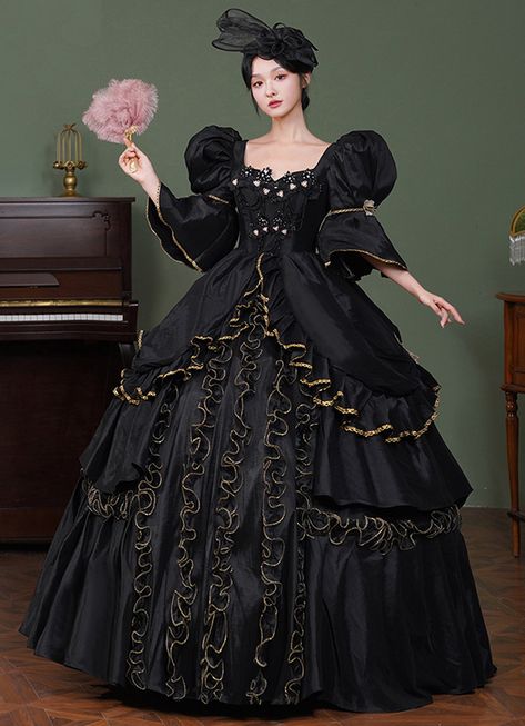 Renaissance Black Dark Fantasy Witch Halloween 17th Century Gown Costumes Dark Fantasy Witch, 17th Century Gown, Halloween Gown, Victorian Dress Gown, Masquerade Party Dresses, Masquerade Ball Gown, Antoinette Dress, 18th Century Dress, Fantasy Witch