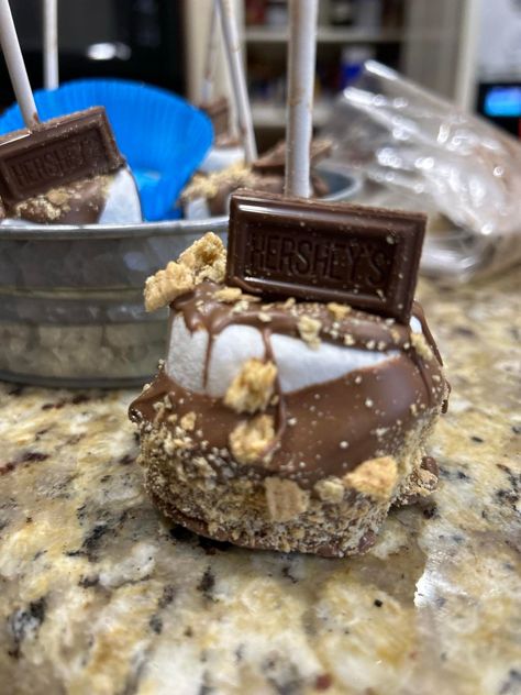 S’mores Themed Gender Reveal, Smores Birthday Party Decorations, Vegas Appetizers, Individually Wrapped Desserts, Smores Party Favors, Marshmallow Creations, Marshmallows Dipped In Chocolate, Fall Smores, Smores Dessert Recipes