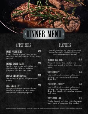 Steakhouse Menu Template Designs - Easy to Edit - MustHaveMenus Steakhouse Menu Ideas, Steak Menu Design, Steak House Menu, Dinner Menu Template, Steak Menu, Menu Chalkboard, Recipe Design, Bbq Steak, Template Food