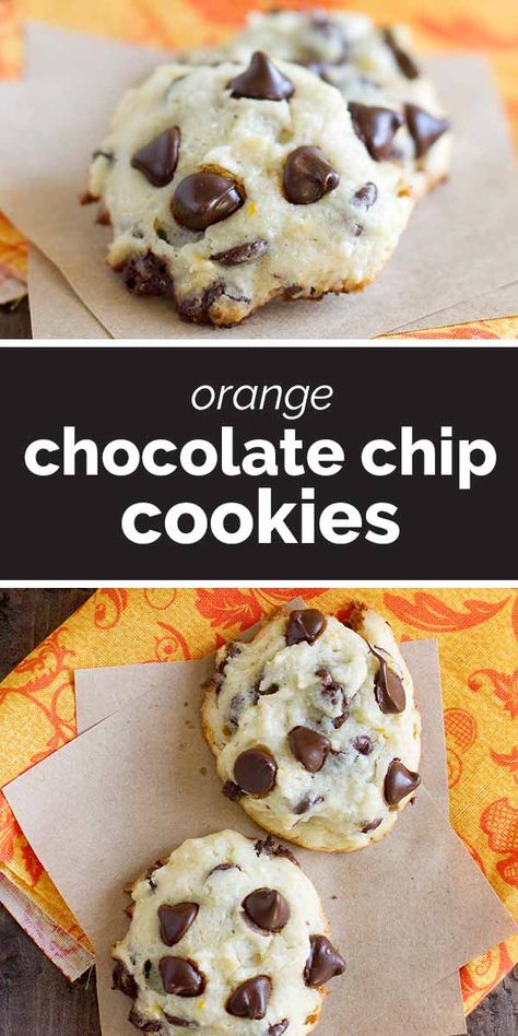 Orange Chocolate Chip Cookies - Soft chocolate chips cookies with a hint of orange make these a favorite cookie! #cookie #chocolatechip #orange #chocolate #dessert #baking Chocolate Chip Cookies Gluten Free, Cream Cheese Chocolate Chip Cookies, Chocolate Orange Cookies, Taste And Tell, Chocolate Chips Cookies, Chocolate Chip Shortbread Cookies, Orange Cream Cheese, Cookies Gluten Free, Fluff Desserts