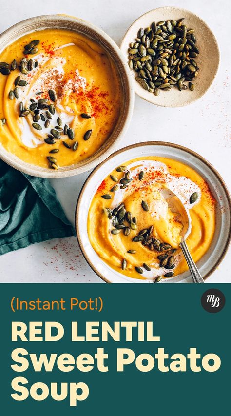 Lentil Sweet Potato Soup, Red Lentil Sweet Potato, Lentil Sweet Potato, Sweet Potato Lentil Soup, Soup Instant Pot, Spicy Memes, Cubed Sweet Potatoes, Winter Dishes, Lentil Soup Recipes