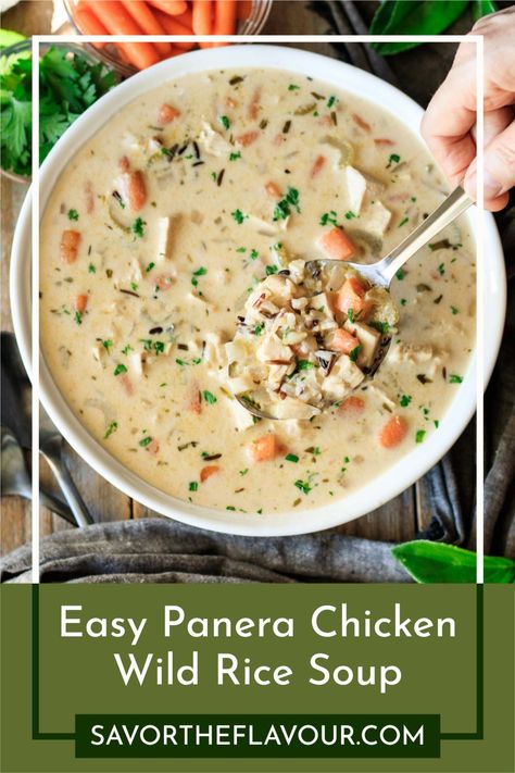 Our Panera chicken & wild rice soup recipe is creamy, hearty, and flavorful. Our copycat homemade version is made in one pot with fresh ingredients that are pantry staples, and is so comforting on a cold day. Gluten free friendly and no slow cooker required. Panera Chicken And Wild Rice Soup, Panera Chicken Wild Rice Soup Recipe, Panera Chicken Wild Rice Soup, Panera Copycat, Chicken And Wild Rice Soup, Wild Rice Soup Recipes, Chicken Wild Rice, Chicken Wild Rice Soup, Rice Soup Recipes