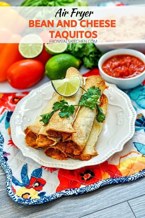 Air Fryer Cheese Taquitos, Bean Taquitos Air Fryer, Bean And Cheese Taquitos, Cheese Taquitos, Uncooked Tortillas, Ninja Foodi Grill, Air Fryer Recipes Snacks, Refried Beans Recipe, Taquitos Recipe