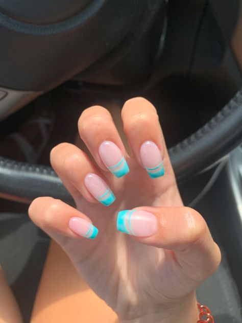 French Tip Nails Teal, Teal French Tip Nails Square, Light Teal French Tip Nails, Pink And Teal French Tip Nails, Preppy Blue French Tip Nails, Preppy Nails, Teen Nails, Wine Nails, Country Nails