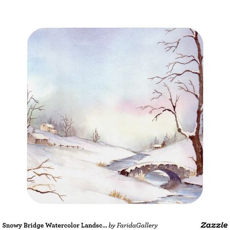 Snowy Bridge, Bridge Watercolor, Painting Ceramic Tiles, Art Tutorials Watercolor, Snow Pictures, Watercolor Pictures, Holiday Painting, Xmas Card, Watercolor Landscape Paintings