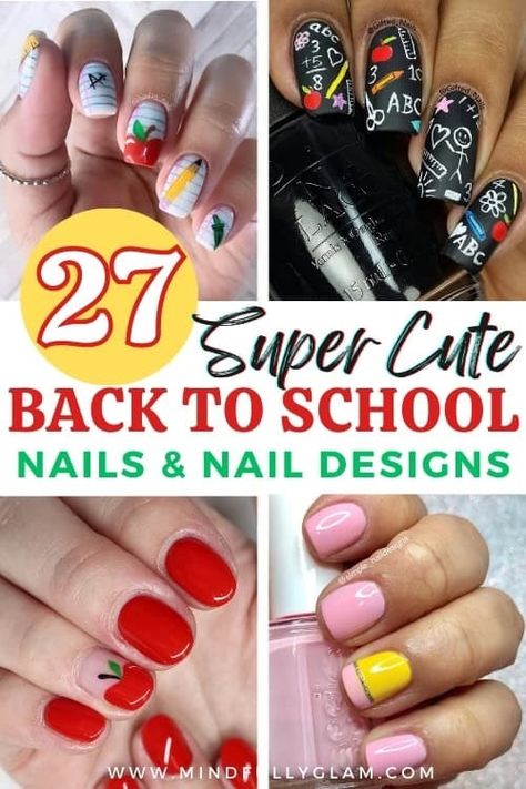 27 Super Cute Back to School Nails to Kickstart the Academic Year School Theme Nail Art, School Bus Nails, Back To School Nails For Kids, Back To School Short Nails, Teacher Nails Designs Back To School, School Themed Nails, Nail Art Back To School, Back To School Nails For Teachers, Teacher Nails Designs