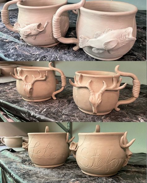 Themed Mugs Ceramics, Ceramic Gift Ideas For Men, Hunting Mug, Fishing Mugs, Ceramics Mugs, Pottery Sale, Coil Pottery, Pottery Lessons, Pottery Patterns