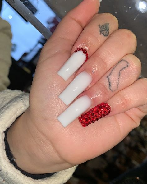 Red Short Acrylic Nails With Rhinestones, Daily Nail, White Acrylic Nails, Acrylic Nails Coffin Short, Long Square Acrylic Nails, Acrylic Nails Coffin, Red Rhinestone, Bling Acrylic Nails, Pink Acrylic Nails