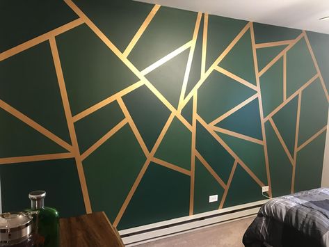 Wall Design With Tape Pattern, Accent Wall Bedroom Paint, Gold Painted Walls, Geometric Wall Paint, Wall Paint Patterns, Creative Wall Decor, Bedroom Wall Designs, Bedroom Wall Paint, Geometric Wall Decor