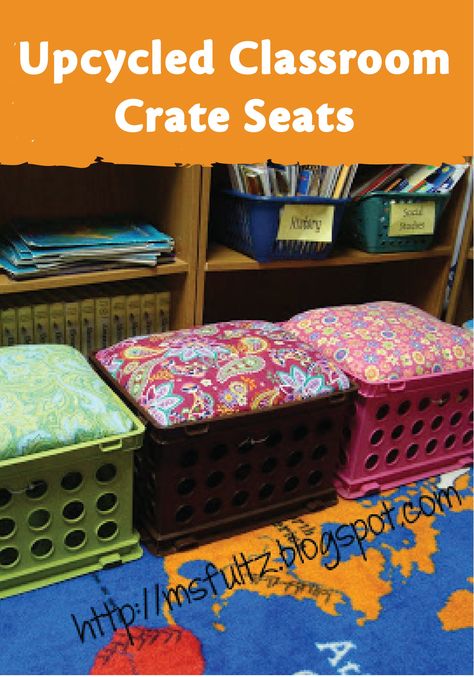 These fun upcycled crate seats are a great and affordable addition to a classroom library! Milk Crate Seats, Crate Stools, Crate Seats, Plastic Crates, Classroom Storage, Pillow Tutorial, Milk Crates, Tshirt Pillow, Crate Storage