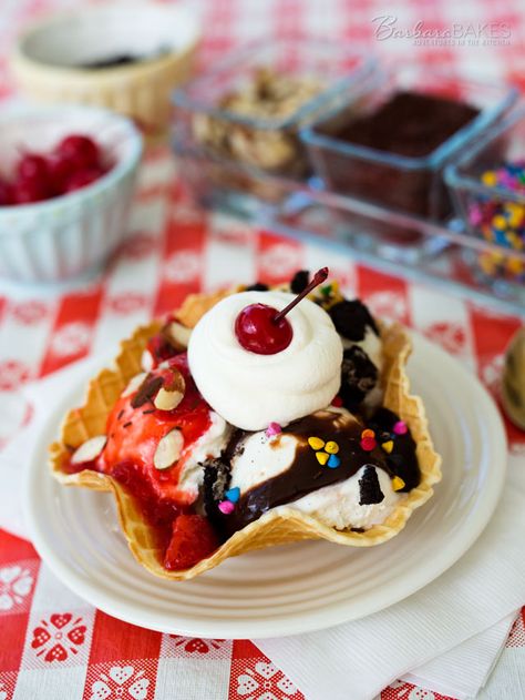 Crisp vanilla waffle cones and bowls are the perfect addition to an ice cream sundae bar. They’re super easy and inexpensive to make, and they’re better tasting than packaged waffle cones and bowls.  #icecream #wafflecone #barbarabakes Waffle Bowl Recipe, Diy Waffles, Waffle Bowl Maker, Creative Sweets, Waffle Cone Maker, Ice Cream Waffle, Fabulous Desserts, Springtime Recipes, Ice Cream Sundae Bar