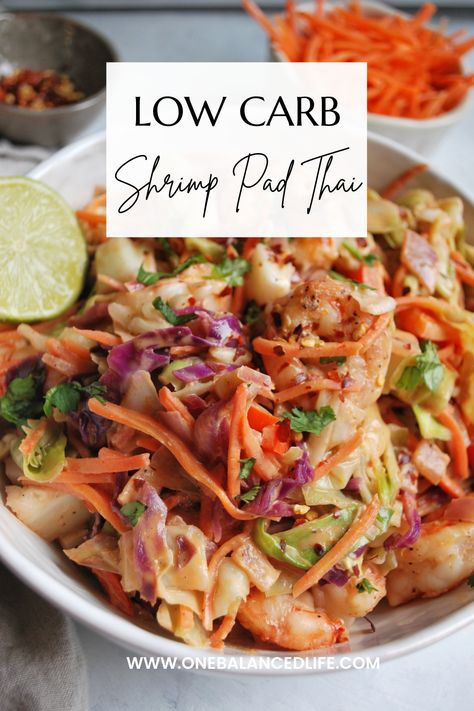 This easy Shrimp Pad Thai recipe is full of bold Asian flavors! Ready in just 20 minutes this lightened up version of the Thai classic substitutes rice noodles for extra vegetables before the whole thing is tossed together in a creamy, rich, peanut butter and lime sauce. And did I mention this low-carb Pad Thai recipe is also gluten-free and dairy free? What could be better?! Shrimp Pad Thai Recipe Healthy, Low Carb Pad Thai Recipes, Healthy Shrimp Pad Thai, Thai Prawn Recipes, Low Carb Pad Thai, Pad Thai Recipe Easy, Shrimp Pad Thai Recipe, Vegetable Pad Thai, Curry Side Dishes