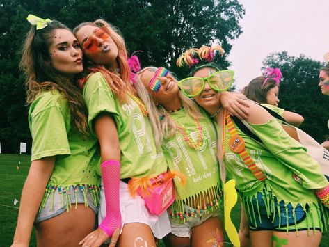 Clemson pi beta phi glow bid day #neonbidday #sorority #sororitybidday Neon Bid Day, Recruitment Themes, Sorority Bid Day, Pi Beta Phi, Glow Party, Kappa Delta, Neon Glow, Bid Day, Red And Yellow