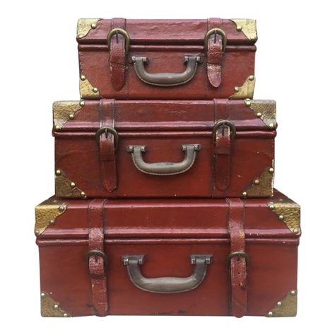 Vintage Style Stackable Display Luggage/Cases - Set of 3 Trunk Boxes, Decoupage Tray, Vintage Suit, Luggage Case, Brass Tacks, Vintage Suitcases, Oxblood Red, Storage Trunk, Vintage Luggage