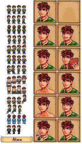 Stardew Valley Characters Sprites, Stardew Valley Character Portraits, Alex From Stardew Valley, Alex Stardew Valley Sprite, Stardew Alex Fanart, Stardew Valley Character Design Ideas, Stardew Sprites, Stardew Valley Alex Fanart, Alex Mullner