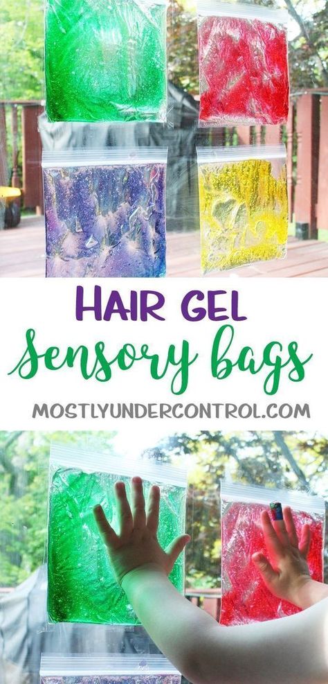 Sensory play with hair gel - an easy sensory activity for kids of all ages. #sensoryplay #easysensoryplay #hairgelbags #hairgelplay #infantsensoryplay #babysensoryplay #babyplay #infantactivities #learningtostand #teachingbabiestostand Gel Sensory Bags, Play With Hair, Sensory Bags, Baby Sensory Play, Sensory Crafts, Sensory Activities Toddlers, Nursery Activities, Sensory Activity, Toddler Sensory