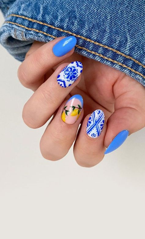 BRIDAL SHOWER NAILS!! Amalfi Nails Design, Portuguese Tile Nail Art, Tile Nails Art, Citrus Nail Designs, France Inspired Nails, Lemon Nails Designs Summer, Lemon Themed Nails, Portuguese Nail Art, Portuguese Tile Nails