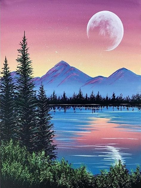 Art Photography Portrait, Paint Nite, Moon Painting, Landscape Art Painting, Sky Painting, Simple Acrylic Paintings, Creative Painting, Diy Canvas Art Painting, Acrylic Canvas