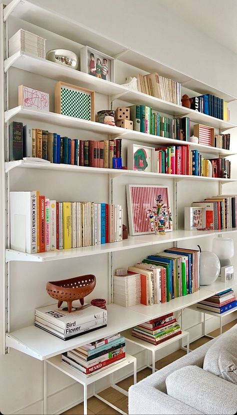 Boaxel Bookshelf, Shelving Storage Ideas Bedroom, Minimalist Book Shelves, Ikea Boaxel Bookshelf, White Library Aesthetic, White Shelves Living Room, Rakks Shelving, White Bookshelf Aesthetic, Bookshelf Dining Room