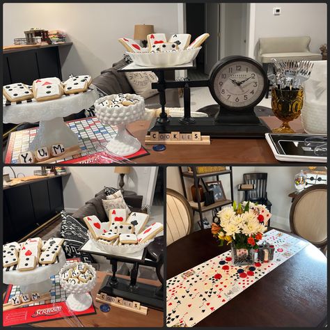 My daughter made and decorated these sugar cookies for our game night with friends. I made the table runner by taping playing playing cards together. Game Night With Friends, Night With Friends, Game Night, The Table, Sugar Cookies, My Daughter, Party Decor, Table Runner, Table Runners