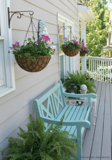 hanging-baskets-ivy-geranium-deck-makeover Outdoor Furniture Makeover, Patio Furniture Makeover, Balkon Decor, Tanaman Pot, Blue Bench, Porch Colors, نباتات منزلية, Backyard Small, Porch Makeover