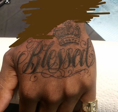 Blessed Hand Tattoo For Men, Hand Tats Men Black, Faith Hand Tattoos, Loyalty Hand Tattoo, Prolific Tattoo, Blessed Hand Tattoo, Typographic Tattoo, Glow Tattoo, Shoulder Cap Tattoo