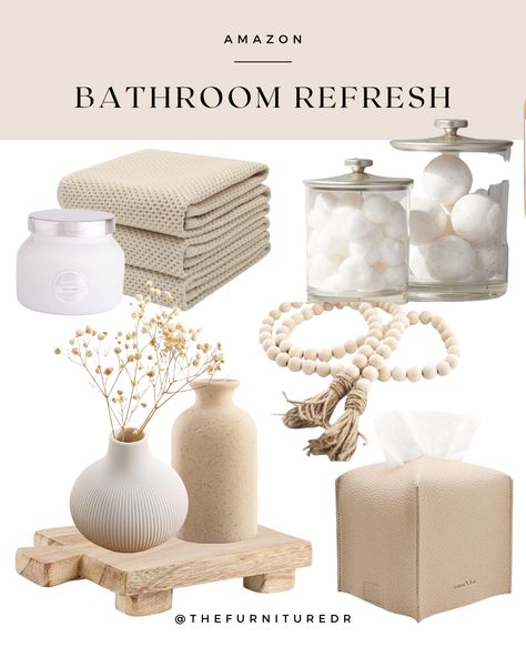 Neutral Bathroom Amazon, Spa Inspired Home Decor, Neutral Bathroom Accessories, Amazon Bathroom Essentials, Guest Bathroom Decor Minimalist, Beige Spa Bathroom, Neutral Tone Bathroom Ideas, Boho Spa Bathroom, Spa Bathroom Decor Master Bath