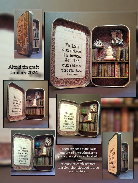 Altoid tin library Altoid Tin Library, Altoid Tin Bookshelf, Altoid Tin Miniatures, Altoids Box Ideas Tin Art, Altoids Tins Aesthetic, Painted Altoid Tins, Altoid Diorama, Decorated Altoid Tins, Altoid Tin Gifts