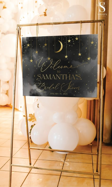 "Moon and Stars Welcome Sign, Dark Sky and Gold Stars Shower Sign, Celestial Decore, Editable Welcome Sign, Instant Download ⭐ TRY BEFORE YOU BUY, paste the link below into a new Browser Tab/Window (on PC, Laptop or MAC): https://www.corjl.com/d/12CNDJ ⭐ WHAT'S INCLUDED This template includes the following formats: ☑ SIGN --------------- 36 x 24\" | 18X24\" ☑ INSTRUCTIONS FROM CORJL Please read the instructions below on how to edit and download. If you would like a different size, please contact Moon And Star Bridal Shower Theme, Star Bridal Shower Theme, Moon And Stars Bridal Shower Ideas, Baby Shower Celestial Theme, Bridal Ahower Ideas, Dark Baby Shower Ideas, Written In The Stars Bridal Shower Theme, Celestial Bridal Shower Theme, Celestial Baby Shower Theme