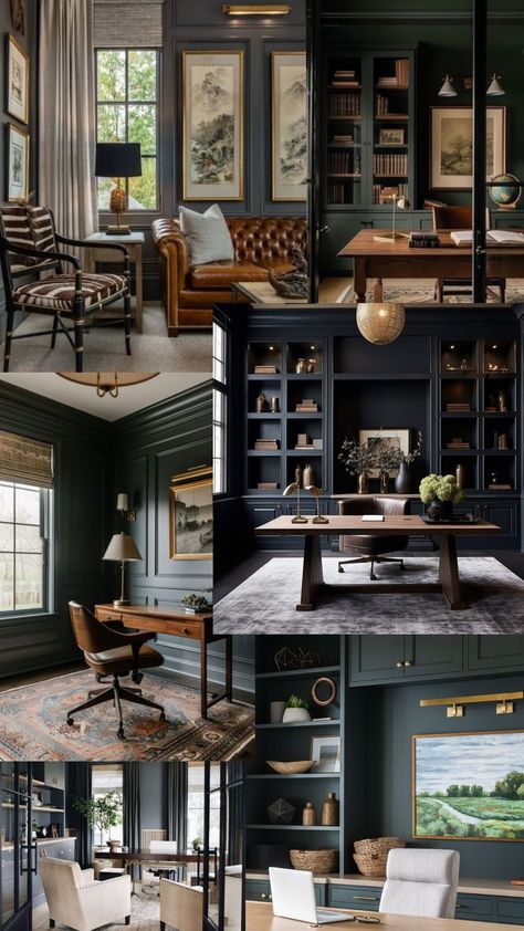 Moody Green Study, Moody Game Room Ideas, Dark Green Library Room, Dark Green Office Walls, Dark Green Study, Dark Academia Study Room, Green Library Room, Witch Apartment, Green Office Walls