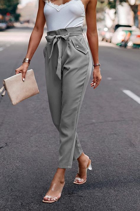 High-waisted Belted Cotton Pants, Gray High Waist Cargo Pants, Gray Tapered Leg Pants With Belt Loops, Gray High-waisted Pants With Belt Loops, Carrot Pants, Pocket Light, Grey Pants, Cute Bows, Long Pants