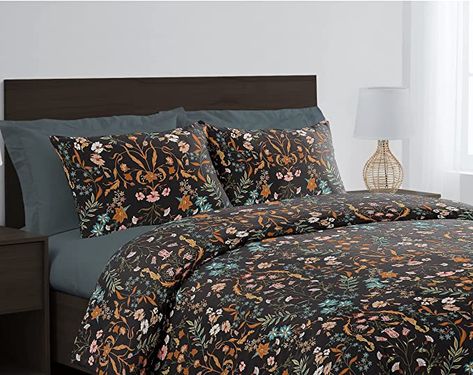 AmazonSmile: Boho Bohemian Farmhouse Black and Orange Wildflower Garden Floral Duvet Comforter Cover and Sham 3 pc. Full Queen Size Bed Bedding Set Bedroom Aesthetic Botanical Cottagecore Flower Print Vintage : Home & Kitchen Bohemian Bed Comforter, Both Bedding, Black Floral Duvet Covers, Dark Floral Duvet Cover, Dark Floral Bedding Bedroom Ideas, Black Floral Comforter, Dark Cottagecore Bedding, Black Floral Bedroom, Dark Duvet Covers