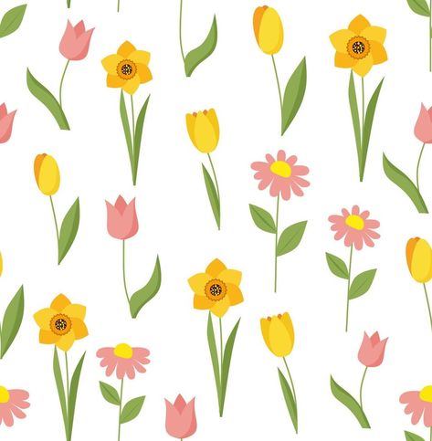 Seamless spring pattern with tulips and daffodils. Daffodil Pattern, Tulips And Daffodils, Tulips Pattern, Paddle Ideas, Spring Pattern, Vector Background, Print Pattern, Journal Ideas, Daffodils