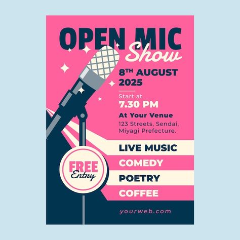 Free vector flat design open mic poster ... | Free Vector #Freepik #freevector #handout #open-mic #flat-poster #notice-design Open Mic Poster Design, Now Open Poster Design, Open Mic Poster, Notice Design, Flat Design Poster, Portland Timbers, Open Mic, Free Entry, Church Design