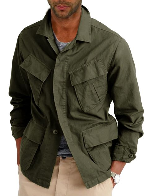 PRICES MAY VARY. 100% Cotton Button closure Hand Wash Only FEATURES：Safari jacket for men, lightweight military windbreaker jacket, pure cotton, solid color, long sleeve, button down, zip up, stylish jacket, turn down collar, natural fit, multi pocket. Spring fall winter coats, Casual Jacket, keep fashion and comfortable. A versatile stylish safari jacket with multiple military pocket for everyday, long sleeve can roll up; Military style for spring, summer, autumn and beginning of the winter. Cl Field Jacket Outfit, Style For Spring, Military Jackets, Fall Winter Coat, Island Fashion, Mens Jackets Casual, Military Coat, Safari Jacket, Stylish Jackets