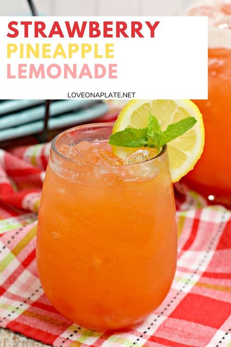 Homemade lemonade mixed with strawberry pineapple fruit puree.  Beverage is in a glass with ice garnished with mint and a slice of lemon. Pineapple Puree, Grapefruit Lemonade, Summer Drink Recipe, Homemade Strawberry Lemonade, Plate Recipes, Waffle Bowl, Pineapple Lemonade, Scratch Recipes, Perfect Summer Drink