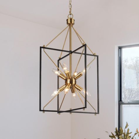 Bring a touch of modern luxury to your home with this stunning 8-light black gold geometric chandelier. Black And Gold Lighting Chandeliers, Wayfair Lighting Chandeliers, Foyer Pendant Light Entryway Modern, Black Gold Light Fixture, Staircase Light Fixture, Black And Gold Pendant Light Kitchen, Entryway Chandelier Modern, Modern Entryway Lighting, Foyer Pendant Light Entryway