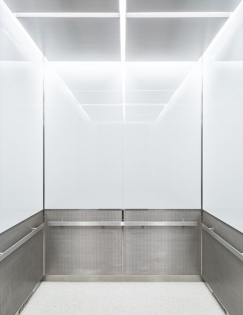 2019 World Wild Life Fund elevator cab interiors by Chesapeake Elevator Interiors, Inc. The WWF cabs feature White laminated backpainted glass upper wall panels wrapped in a satin stainless steel panel binder. The lower wall panels are Architectural woven wire mesh panels wrapped in satin stainless steel panel binders. These elevator cab ceilings feature a unique 4 section island style stainless steel ceiling with indirect LED lighting. Accent metal and handrails are satin stainless steel. Elevator Decor, Hallway Panelling, Digital Marketing Website Design, Stainless Steel Ceiling, Marketing Website Design, Elevator Interior, Digital Marketing Website, Marketing Plans, Elevator Design