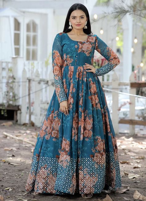 #sequinsworkgown #festivalgown #redcolourgown Arabic Gowns, Printed Long Gowns, Georgette Anarkali, Modest Evening Dress, Ethnic Gown, Indo Western Dress, Anarkali Gown, Floral Gown, Anushka Sharma