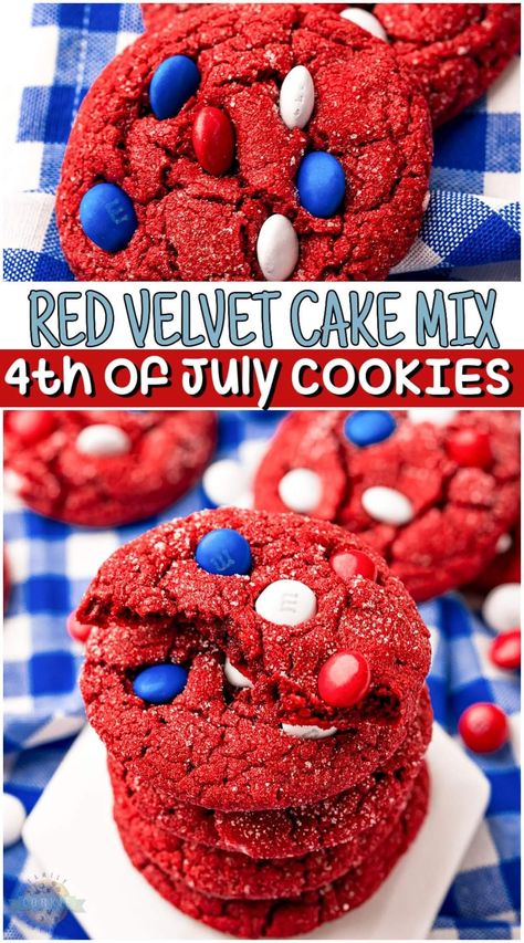 Easy Red Velvet Cake, Red Velvet Cake Mix Cookies, Red Velvet Cookie Recipe, Easy Red Velvet, Patriotic Treats, Bread Booze Bacon, Velvet Cookies, Red Velvet Cake Mix, Patriotic Desserts