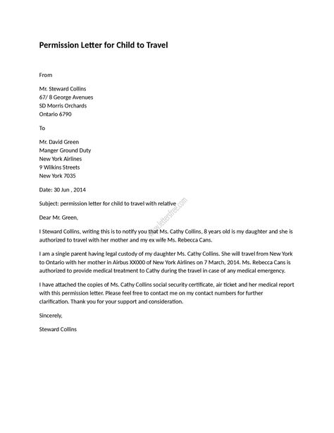 Sample Permission letter for child travel is a formal letter written by parents allowing his/her child to travel without them. It is most likely addressed to the authorized person of the airlines, social security officer of that area, college or school principal. Permission Letter Sample For School, Permission Letter Sample, Leave Letter Format For College, Parent Consent Letter, Consent Letter Format, Consent Letter Sample, Letter Types, Letter Writing For Kids, Formal Letter Template