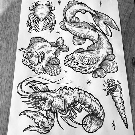 Sea Creature Flash Tattoo, Fish Tattoo Flash Sheet, Sea Monster Traditional Tattoo, Traditional Sea Animal Tattoo, Sea Monsters Tattoo, Ocean Filler Tattoo Ideas, American Traditional Sea Creature Tattoo, Traditional Sea Creature Tattoo, Sea Animal Tattoos Sleeve